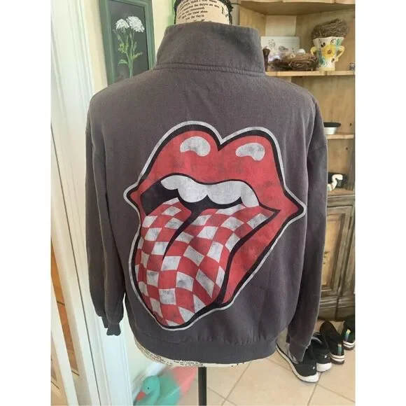 Vintage THE ROLLING STONE Women Quarter Zipper Cropped Sweatshirt Big Logo on Ba - Picture 2 of 7
